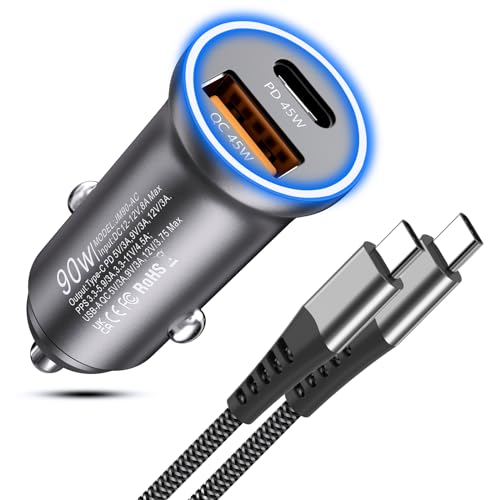 Zigarettenanzünder USB C Autoladegerät 90W, Kfz Ladegerät USB C Auto Ladegerät Zigarettenanzünder Stecker PD&QC3.0 USB Auto Adapter mit USB C Ladekabel für iPhone 15 Pro Max,Samsung S23 S22 S21,iPad von Tepow