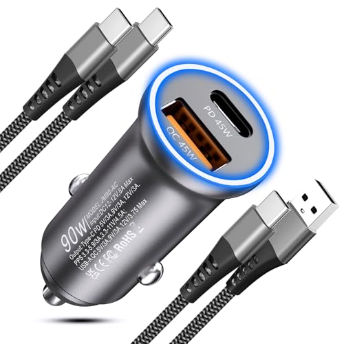Zigarettenanzünder USB C Autoladegerät 90W,Kfz Ladegerät USB C Auto Ladegerät Zigarettenanzünder Stecker PD&QC3.0 Auto Adapter mit 2Pack Ladekabel für iPhone 16 15 Pro Max,Samsung S25 S24 S23,i-Pad von Tepow