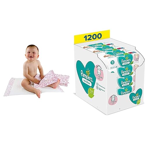 Teqler Baby-Wickelunterlagen: Wickelunterlagen mit verschiedenen Motiven für unterwegs, hygienisch mit Superabsorber 40 x 60cm (50-er Pack) & Pampers Sensitive Baby Feuchttücher, 1200 Tücher (15 x 80) von Teqler