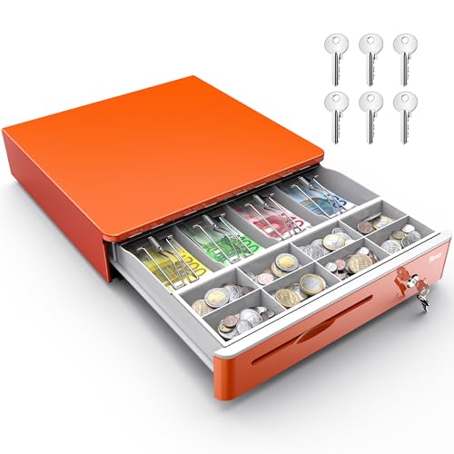 Tera 16-Zoll-Automatik-Kassenschublade mit Mikroschalter mit 5 Scheinfächern und 8 Münzfächern für POS-Systeme herausnehmbare Geldscheinfächer mit Schlüsselverriegelung orange 405R von Tera