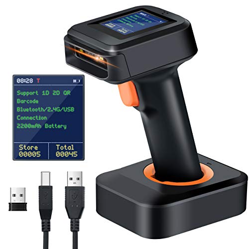 Tera 2D HW006 Barcode-Scanner, kabellos, QR-Code-Scanner mit Bluetooth, Zeitanzeige, Bildschirm, Batteriestandsanzeige Ladestation, Patentnummer 90078251950003 von Tera
