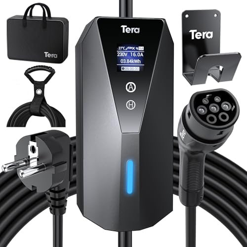 Tera EV-Ladegerät Tragbares Typ-2 mit 7m Ladekabel 3kW 16A Schuko EV-Ladegerätbox Einstellbare Strom Klarer LCD-Anzeige IP66 wasserdichte Kabelhalterung Kabelbinder Deutsch Bedienungsanleitung von Tera