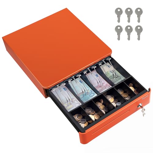 Tera Elektronische Kassenschublade mit 1 Herausnehmbarem Münzfach geldscheine Geldlade touch 4 Geldscheinfächern und 1 Medienfach Geldschublade für kleine Unternehmen Geschäfte Modell 330R Orange von Tera