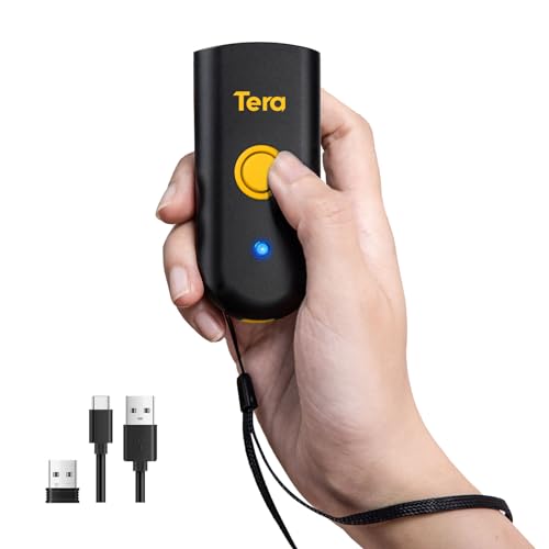 Tera Mini 1D Barcode Scanner: Kompakter wasserdichter drahtloser Laserscanner 3-in-1, kompatibel mit Bluetooth, USB Wired, tragbarer Barcode-Scanner für Logistikarbeit mit iOS, Windows, Android, Gelb von Tera