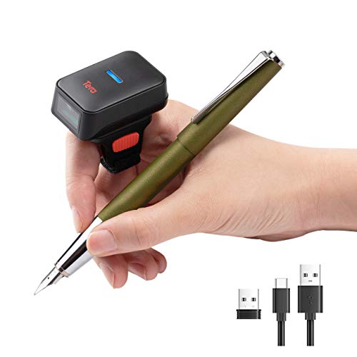 Tera Mini Barcodescanner CCD 1D Wireless Bluetooth + 2,4GHz Drahtlos + USB Wired Kabelgebunden, Tragbarer Ringscanner am Finger Mini-Barcodeleser Bildschirmscannen, HW0011 von Tera