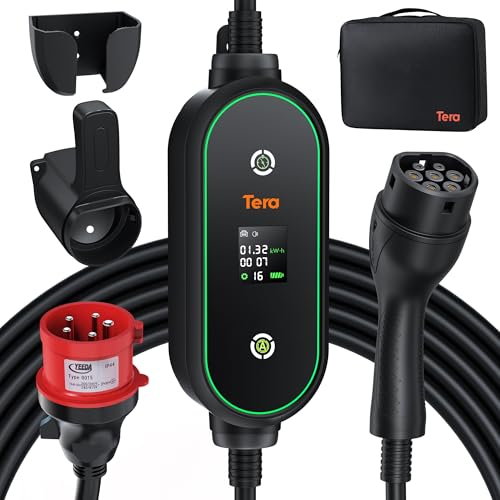 Tera Mobile Wallbox Typ-2 tragbar: 11kW 3-Phasig 6-16A 7,5m Ladekabel CEE 5 Pin EV Ladegerät 0,5-5h verzögertes Laden Einstellbarer Ladeleistung Ladegerätehalter für Elektroauto P03 von Tera