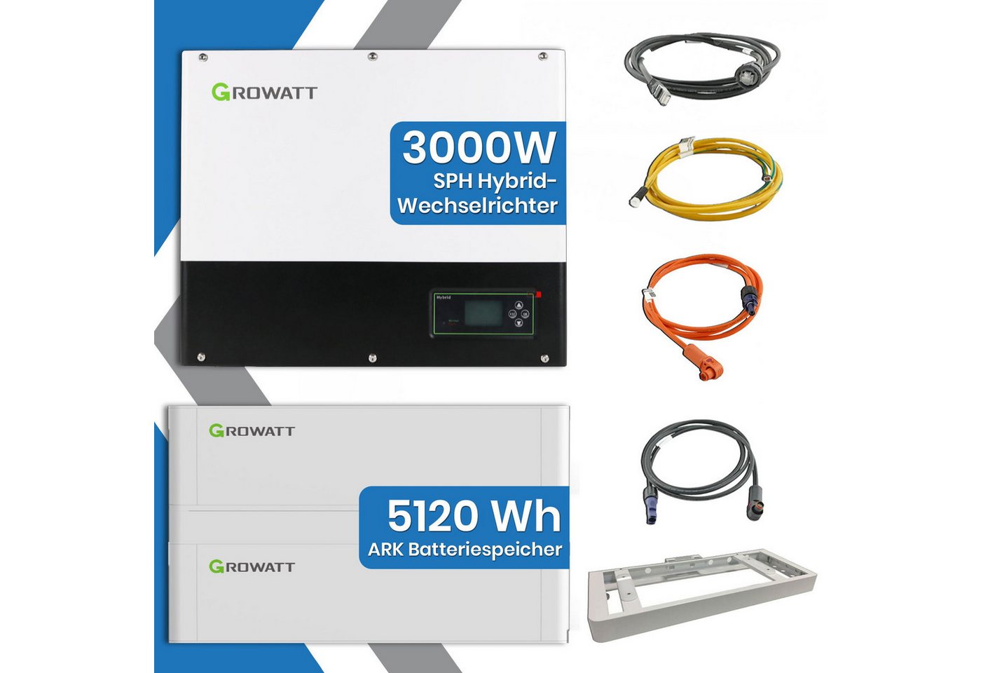 TerraLumen Wechselrichter Growatt Hybridwechselrichter 3kW + ARK Speicherpaket 5,12kWh, (Hybrid-Wechselrichter mit Batteriespeicher), Inklusive 5,12 kWh LiFePO4-Speicher, erweiterbar bis 25,6 kWh von TerraLumen