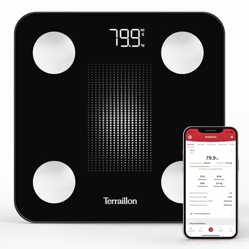 TERRAILLON - WEIGHT CONNECT – Intelligente Waage, Bluetooth, Analyse von Fett, Muskeln, Wasser und Knochen, BMI, Kapazität 180 kg, Skala 50 g, LED-Display, Glasplatte, Schwarz von Terraillon