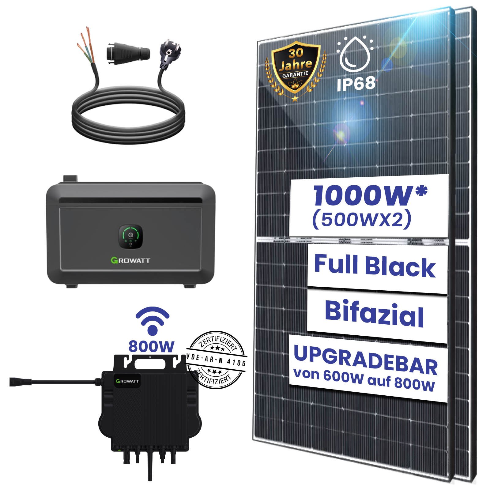 1000W/800W Balkonkraftwerk mit Speicher Photovoltaik Anlage mit Growatt NEO 800W WIFI Smart Wechselrichter Mini PV Solaranlage 1000W/800W Balkonkraftwerk mit Speicher Photovoltaik Anlage mit Growatt NEO 800W WIFI Smart Wechselrichter Mini PV Solaranlage von Terralumen GmbH