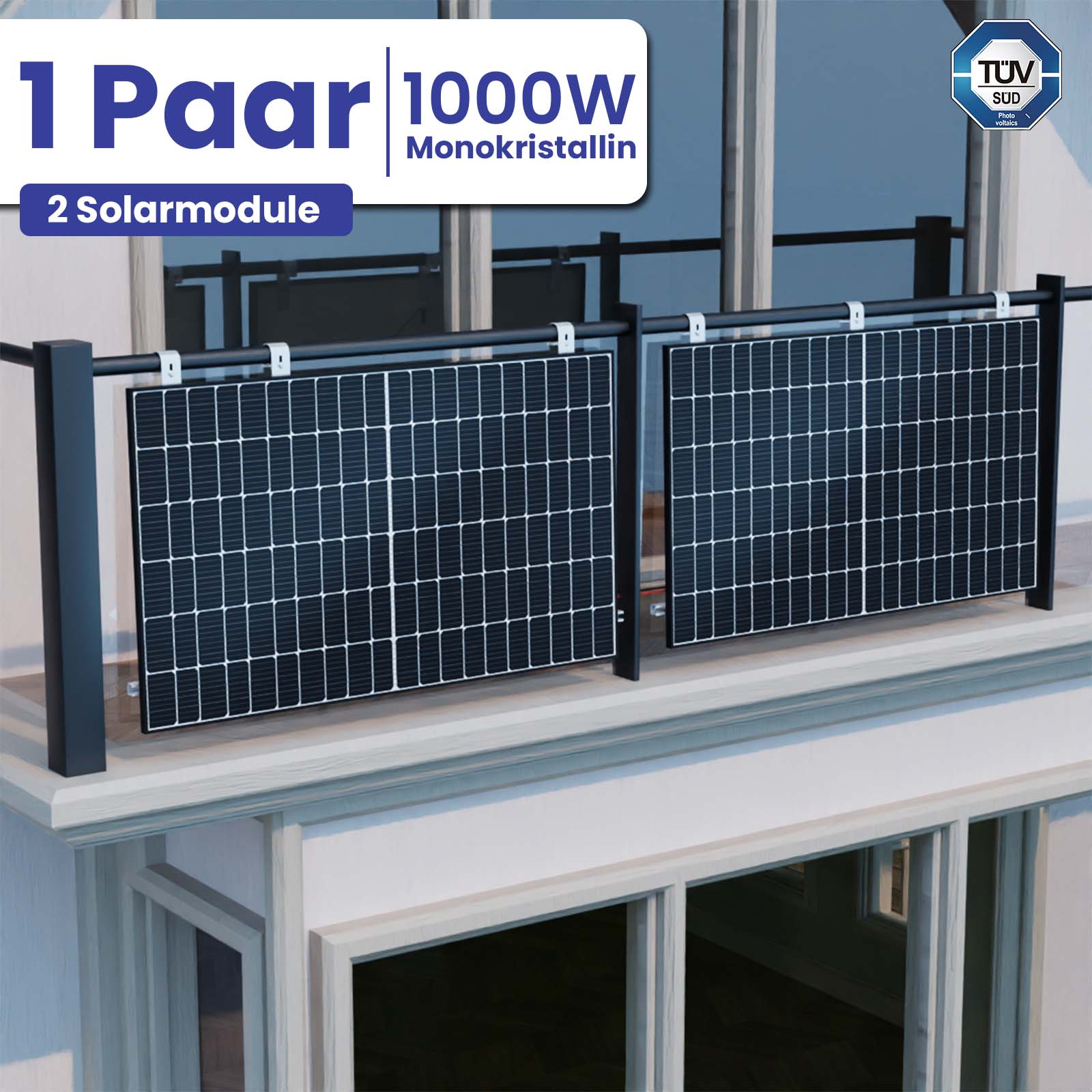 1000W Balkonkraftwerk Komplettset inkl. 500W Solarmodule, Hoymiles HMS-800W-2T Upgradefähiger WIFI Wechselrichter und 3M Schukostecker mit Balkongelän 1000W Balkonkraftwerk Komplettset inkl. 500W Solarmodule, Hoymiles HMS-800W-2T Upgradefähiger WIFI Wechselrichter und 3M Schukostecker mit Balkongelän von Terralumen GmbH