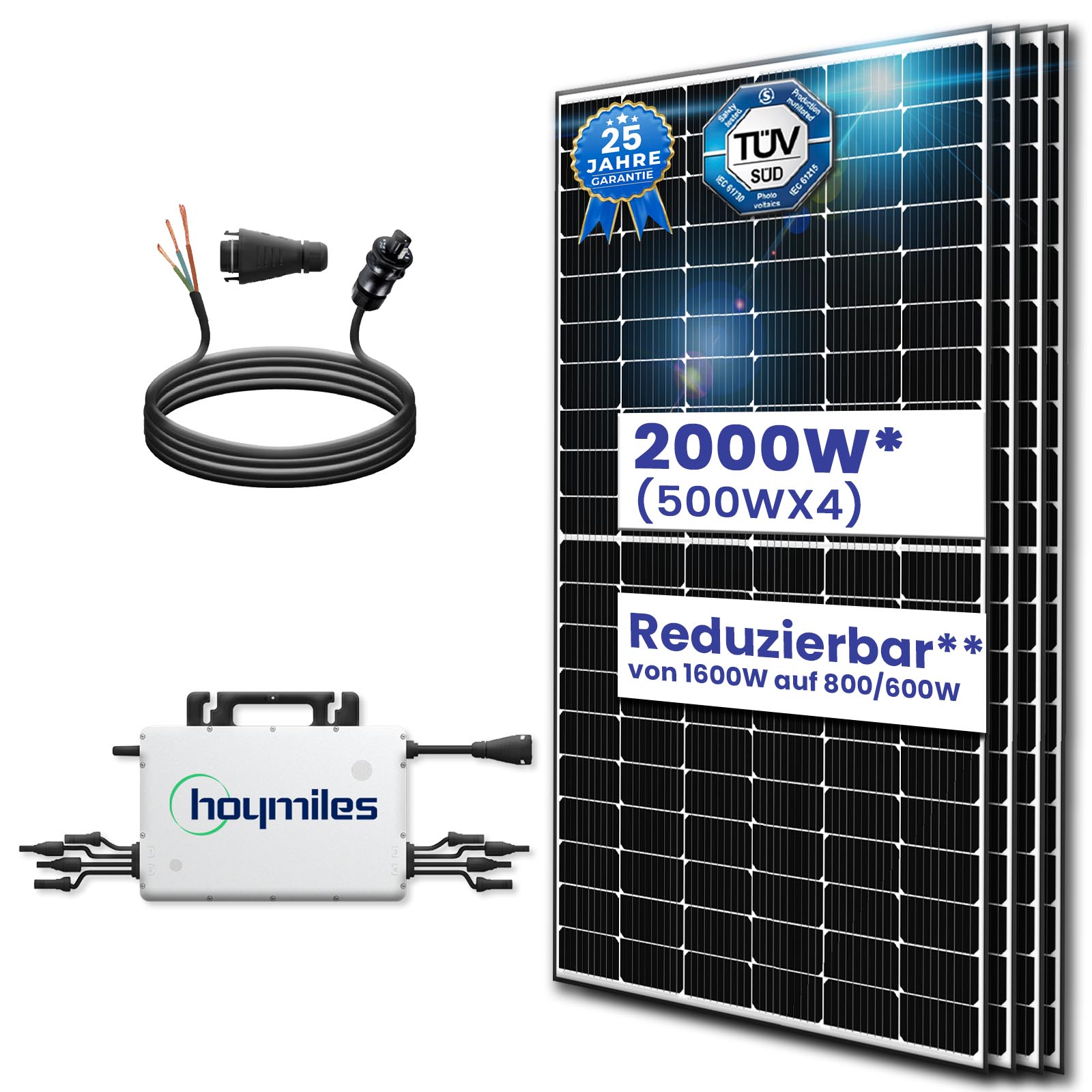 2000W Photovoltaik Balkonkraftwerk mit EPP 500W Solarmodule, Hoymiles HMS-1600-4T Wechselrichter und 5m Wielandstecker 2000W Photovoltaik Balkonkraftwerk mit EPP 500W Solarmodule, Hoymiles HMS-1600-4T Wechselrichter und 5m Wielandstecker von Terralumen GmbH