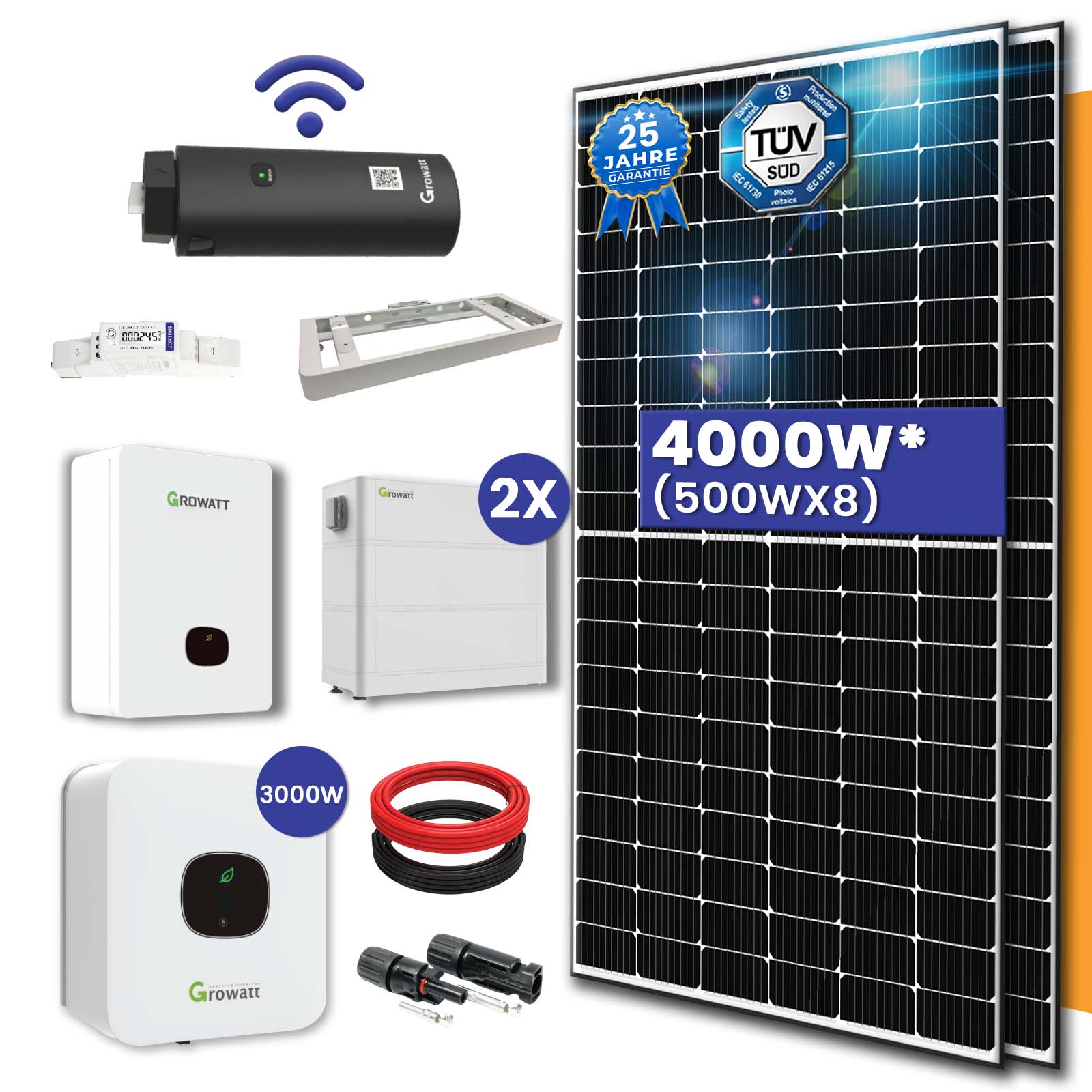 4000W Hybrid Solaranlage mit Speicher - 8x 500W Solarpanel 3000W Growatt Hybrid wechselrichter Growatt Batterie Photovoltaik Komplettanlage PV Anlage 4000W Hybrid Solaranlage mit Speicher - 8x 500W Solarpanel 3000W Growatt Hybrid wechselrichter Growatt Batterie Photovoltaik Komplettanlage PV Anlage von Terralumen GmbH