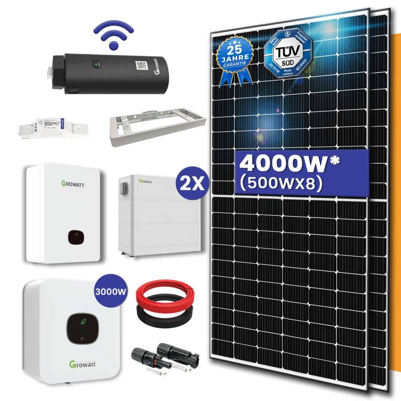 4000W Hybrid Solaranlage mit Speicher - 8x 500W Solarpanel 3000W Growatt Hybrid wechselrichter Growatt Batterie Photovoltaik Komplettanlage PV Anlage von Terralumen GmbH