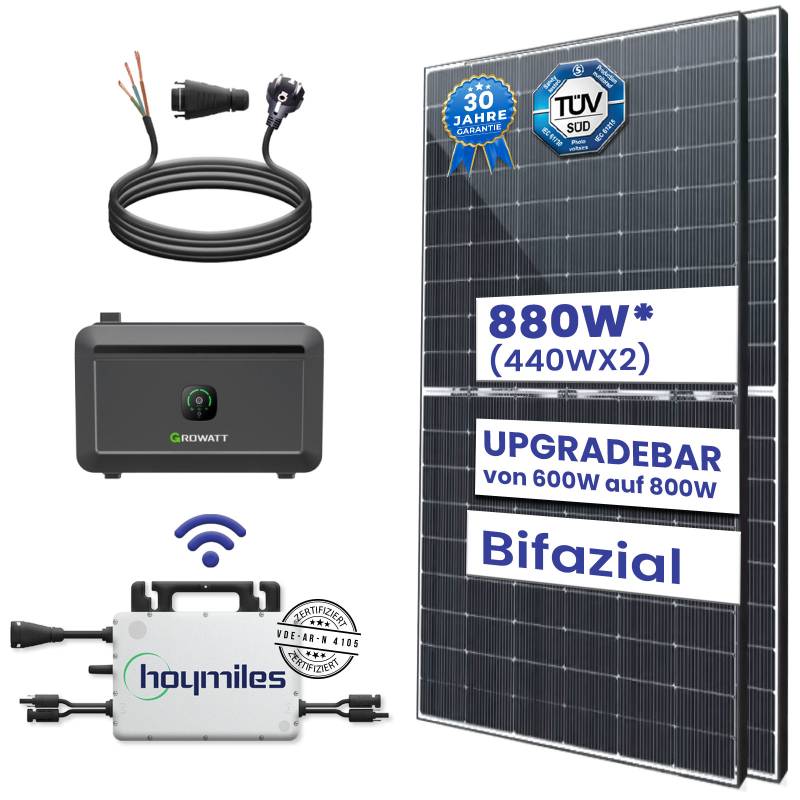 880W/800W Balkonkraftwerk mit Speicher Photovoltaik Anlage mit Hoymiles HMS 800W WIFI Smart Wechselrichter Mini PV Solaranlage von Terralumen GmbH