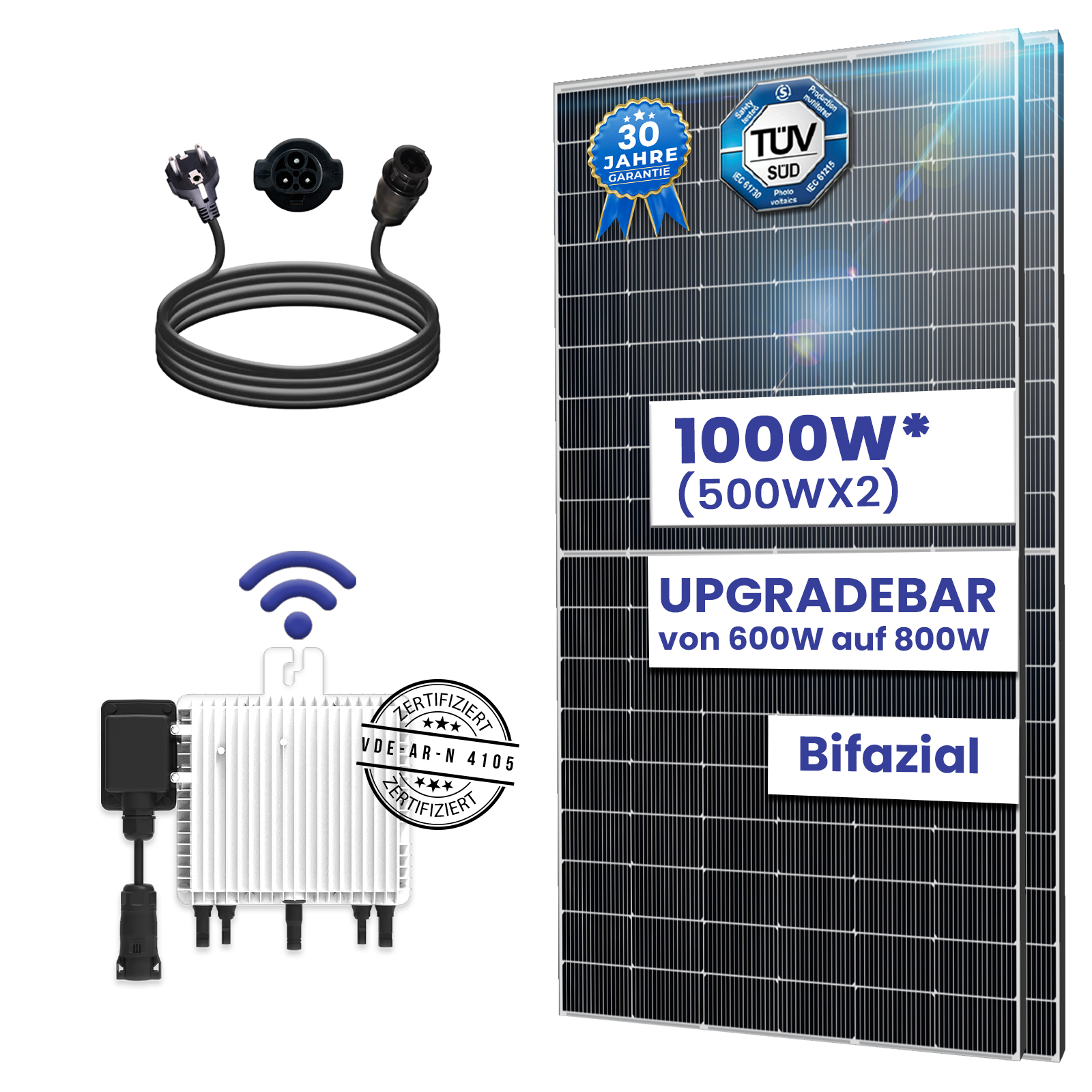 Balkonkraftwerk Komplettset 1000W Bifazial | Deye Wechselrichter 800W | Photovoltaik Solaranlage mit 3m Schukostecker Balkonkraftwerk Komplettset 1000W Bifazial | Deye Wechselrichter 800W | Photovoltaik Solaranlage mit 3m Schukostecker von Terralumen GmbH