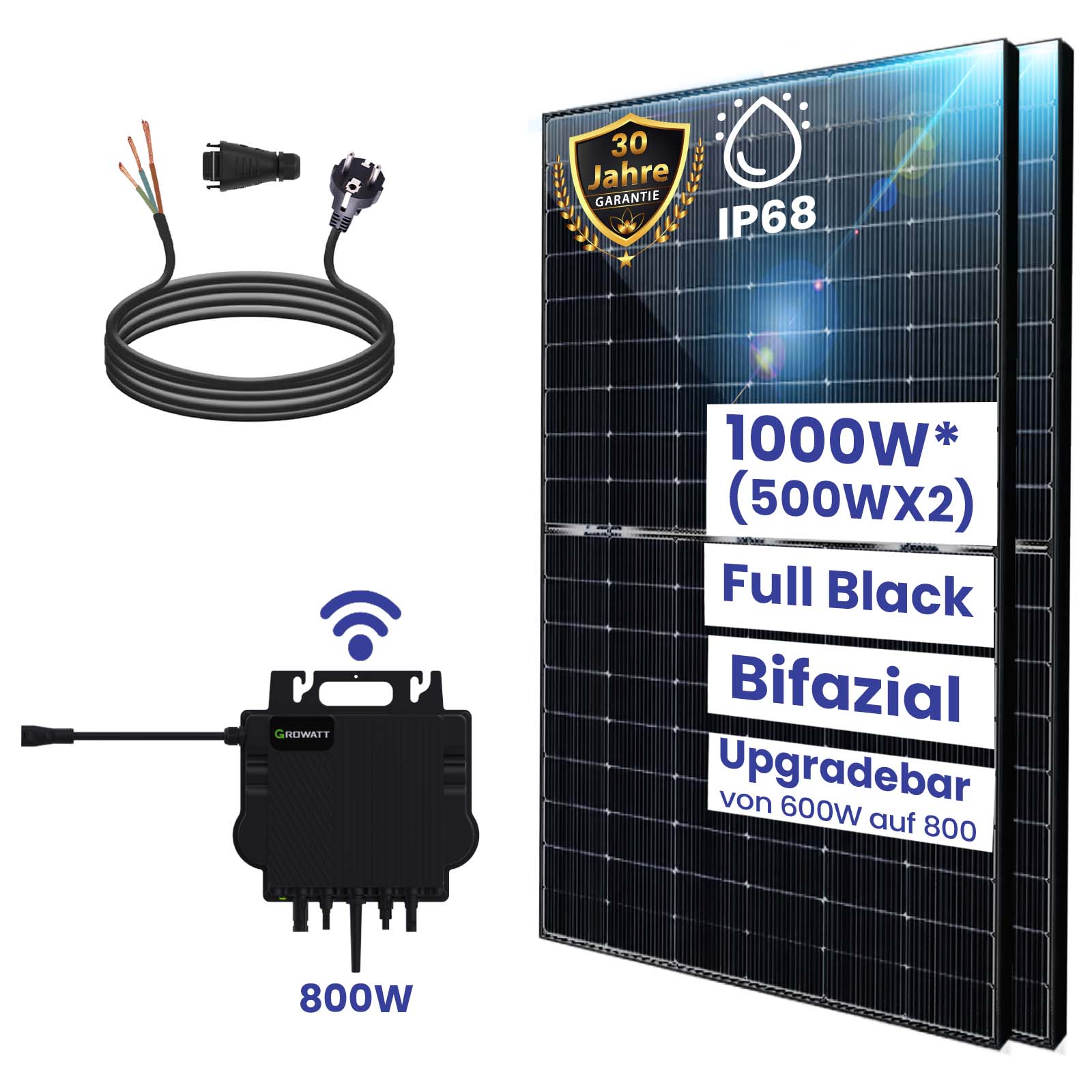Balkonkraftwerk Komplettset 1000W Bifazial | Growatt NEO Wechselrichter 800W | Photovoltaik Solaranlage mit 5m Schukostecker Balkonkraftwerk Komplettset 1000W Bifazial | Growatt NEO Wechselrichter 800W | Photovoltaik Solaranlage mit 5m Schukostecker von Terralumen GmbH