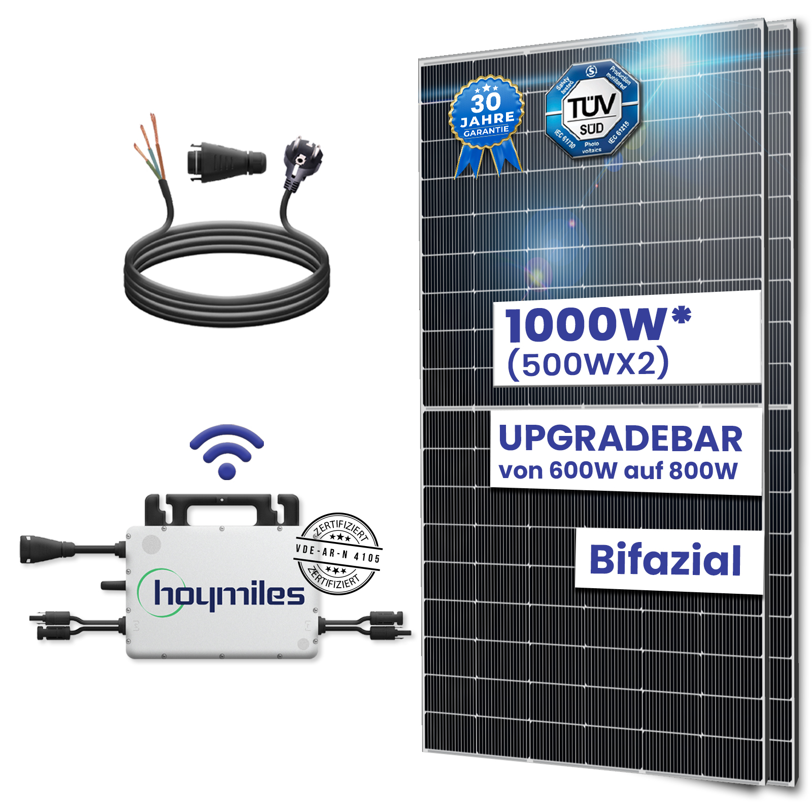 Balkonkraftwerk Komplettset 1000W Bifazial | Hoymiles Wechselrichter 800W | Photovoltaik Solaranlage mit 3m Schukostecker Balkonkraftwerk Komplettset 1000W Bifazial | Hoymiles Wechselrichter 800W | Photovoltaik Solaranlage mit 3m Schukostecker von Terralumen GmbH