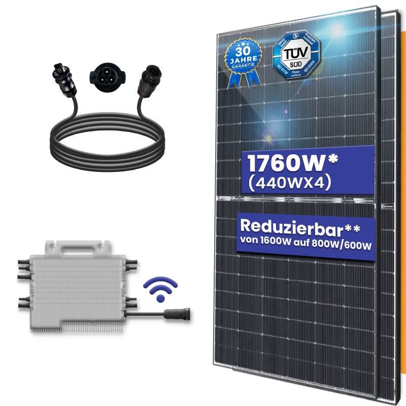 Balkonkraftwerk Komplettset 1760W Bifazial | Deye Wechselrichter 1600W | Photovoltaik Solaranlage mit 5m Wielandstecker von Terralumen GmbH