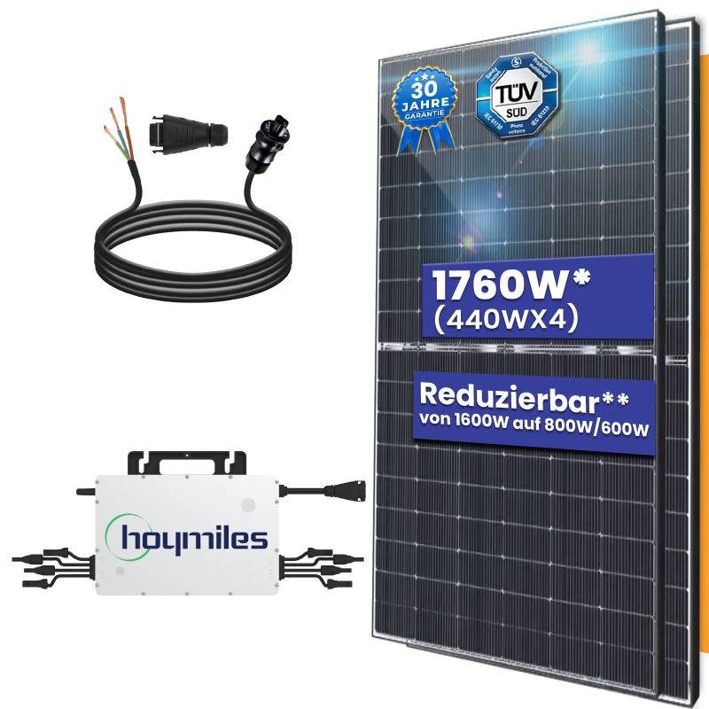 Balkonkraftwerk Komplettset 1760W Bifazial | Hoymiles Wechselrichter 1600W | Photovoltaik Solaranlage mit 5m Wielandstecker von Terralumen GmbH