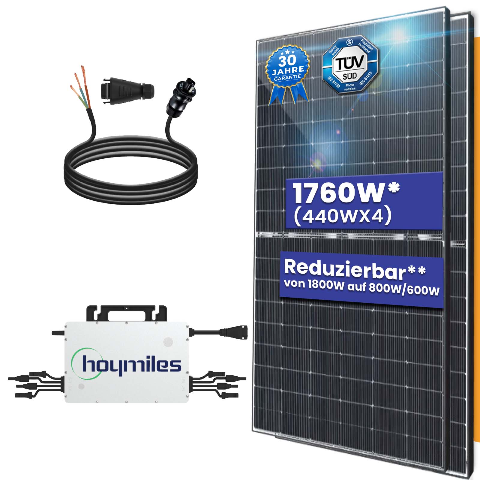 Balkonkraftwerk Komplettset 1760W Bifazial | Hoymiles Wechselrichter 1800W | Photovoltaik Solaranlage mit 5m Wielandstecker Balkonkraftwerk Komplettset 1760W Bifazial | Hoymiles Wechselrichter 1800W | Photovoltaik Solaranlage mit 5m Wielandstecker von Terralumen GmbH