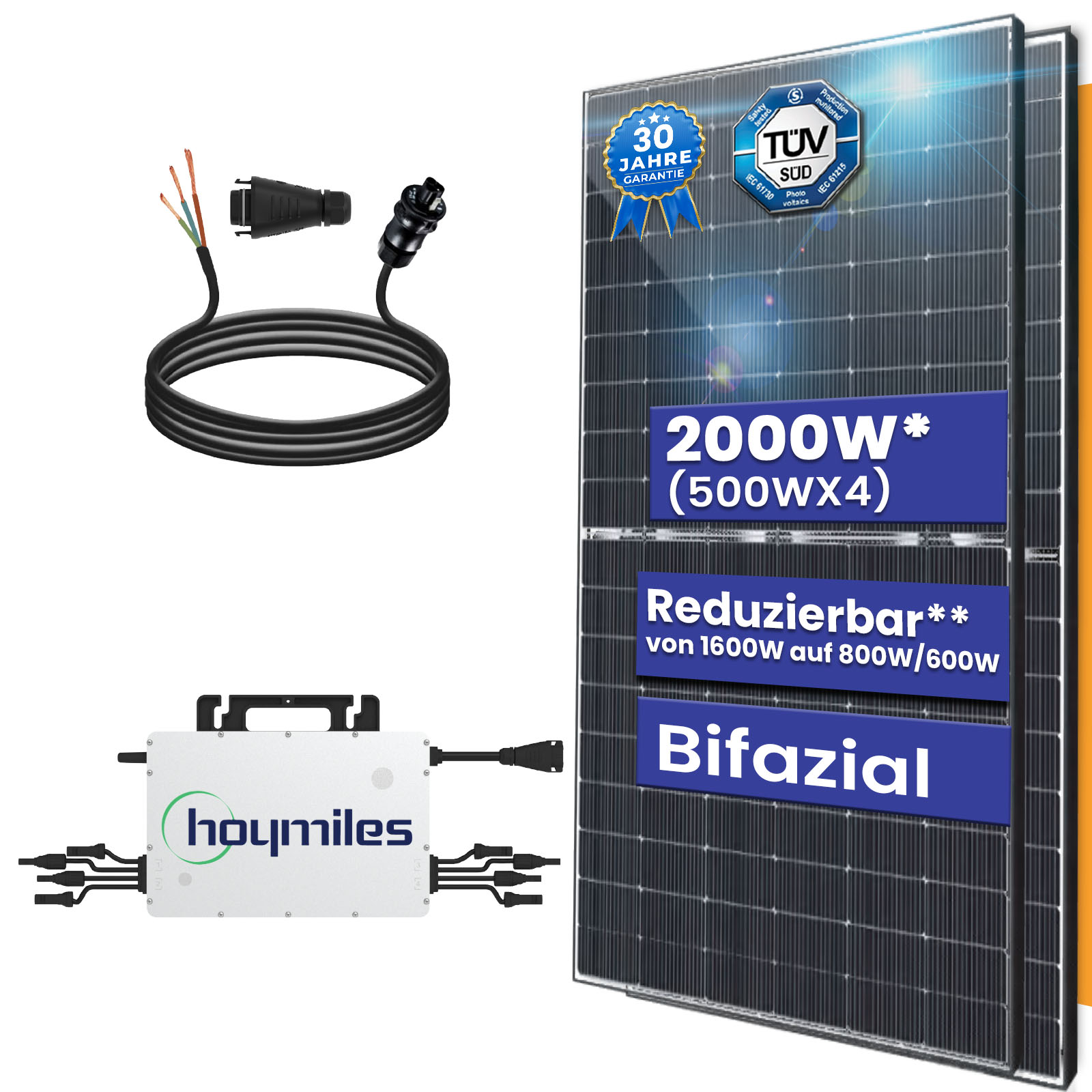 Balkonkraftwerk Komplettset 2000W Bifazial | Hoymiles Wechselrichter 1600W | Photovoltaik Solaranlage mit 5m Wielandstecker Balkonkraftwerk Komplettset 2000W Bifazial | Hoymiles Wechselrichter 1600W | Photovoltaik Solaranlage mit 5m Wielandstecker von Terralumen GmbH