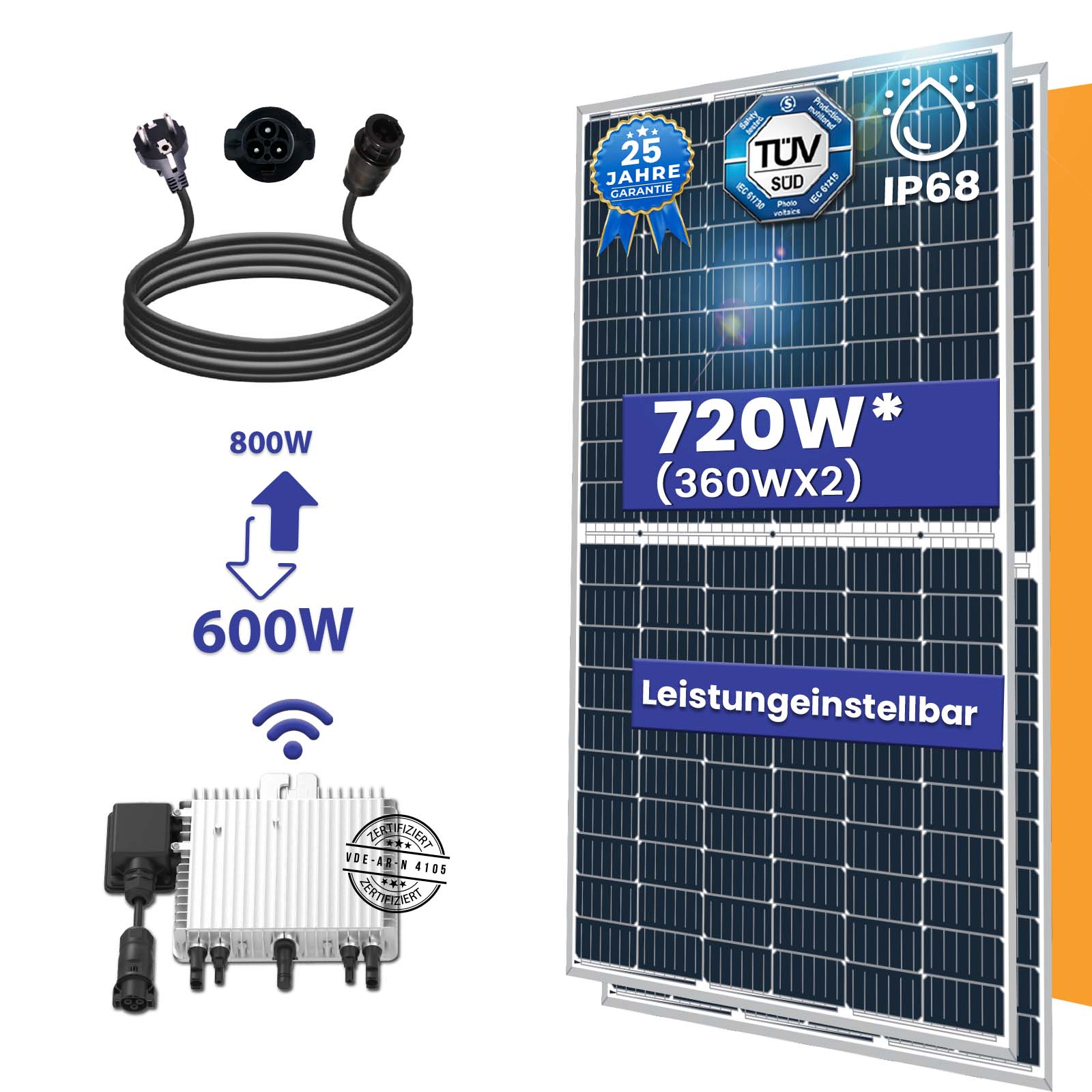 Balkonkraftwerk Komplettset 720W | Deye WIFI Wechselrichter 800W | Photovoltaik Solaranlage mit 10m Schukostecker Balkonkraftwerk Komplettset 720W | Deye WIFI Wechselrichter 800W | Photovoltaik Solaranlage mit 10m Schukostecker von Terralumen GmbH