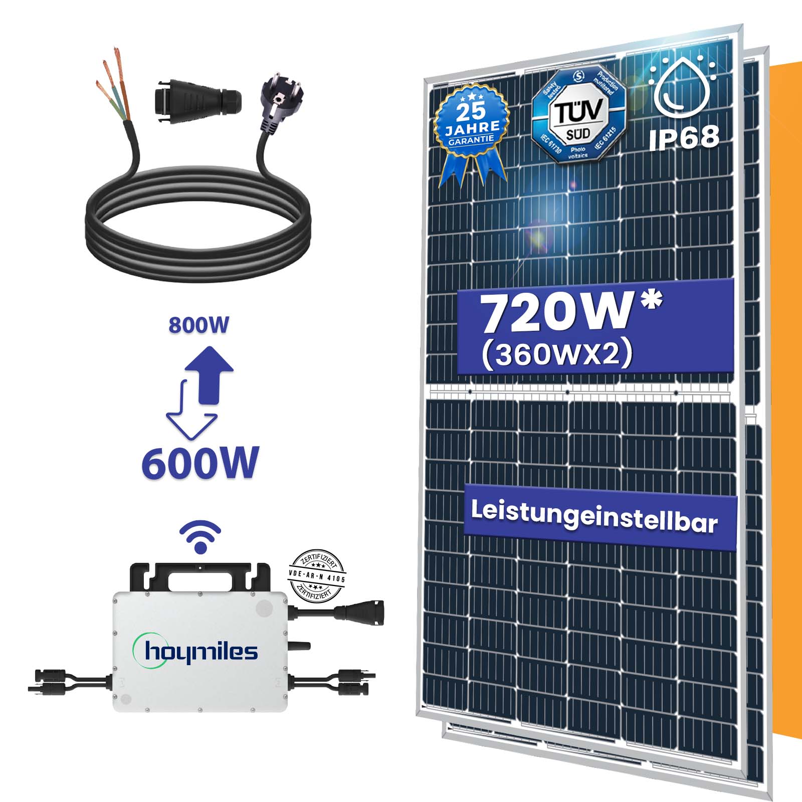 Balkonkraftwerk Komplettset 720W | Hoymiles WIFI Wechselrichter 800W | Photovoltaik Solaranlage mit 10m Schukostecker Balkonkraftwerk Komplettset 720W | Hoymiles WIFI Wechselrichter 800W | Photovoltaik Solaranlage mit 10m Schukostecker von Terralumen GmbH