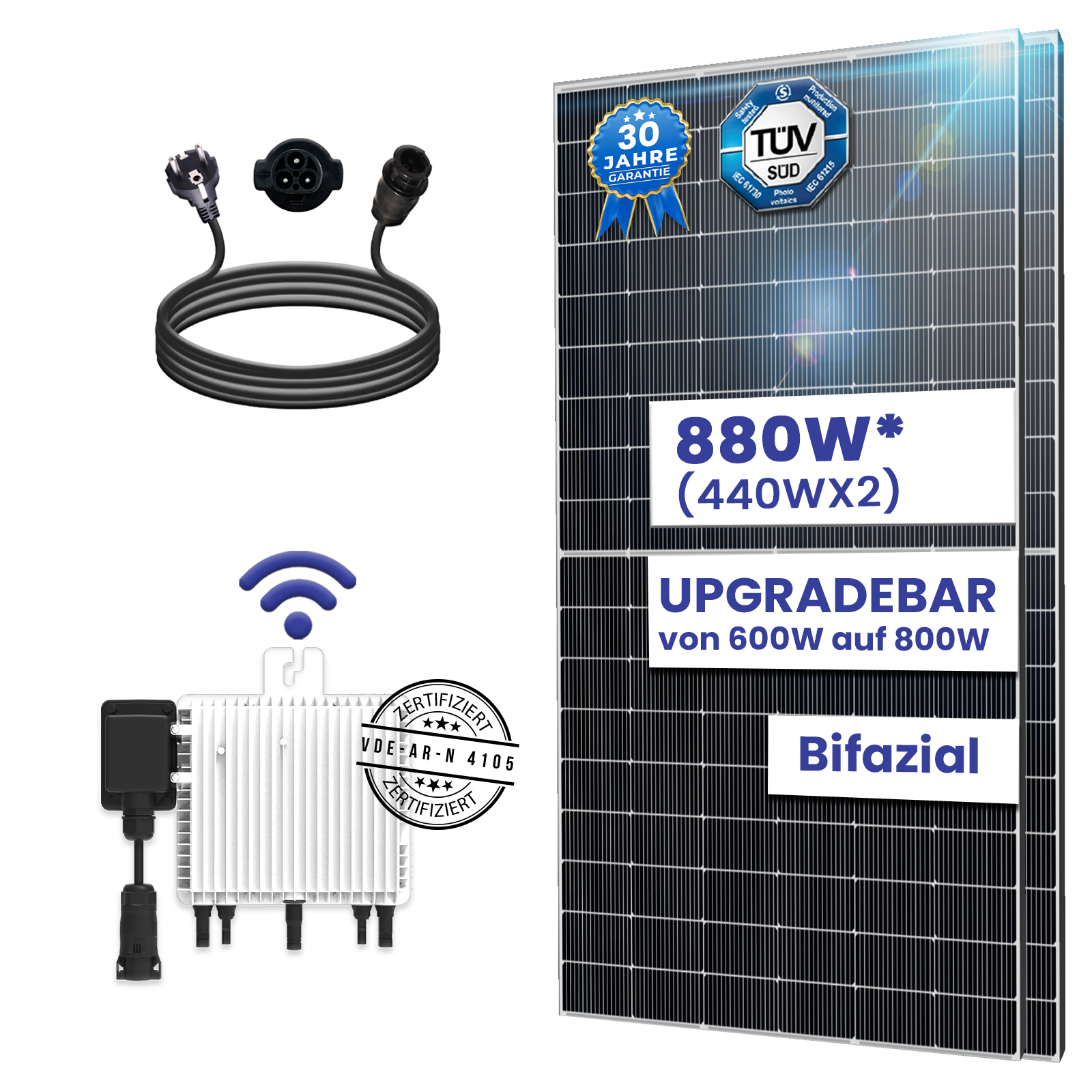 Balkonkraftwerk Komplettset 880W Bifazial | Deye Wechselrichter 800W | Photovoltaik Solaranlage mit 3m Schukostecker Balkonkraftwerk Komplettset 880W Bifazial | Deye Wechselrichter 800W | Photovoltaik Solaranlage mit 3m Schukostecker von Terralumen GmbH