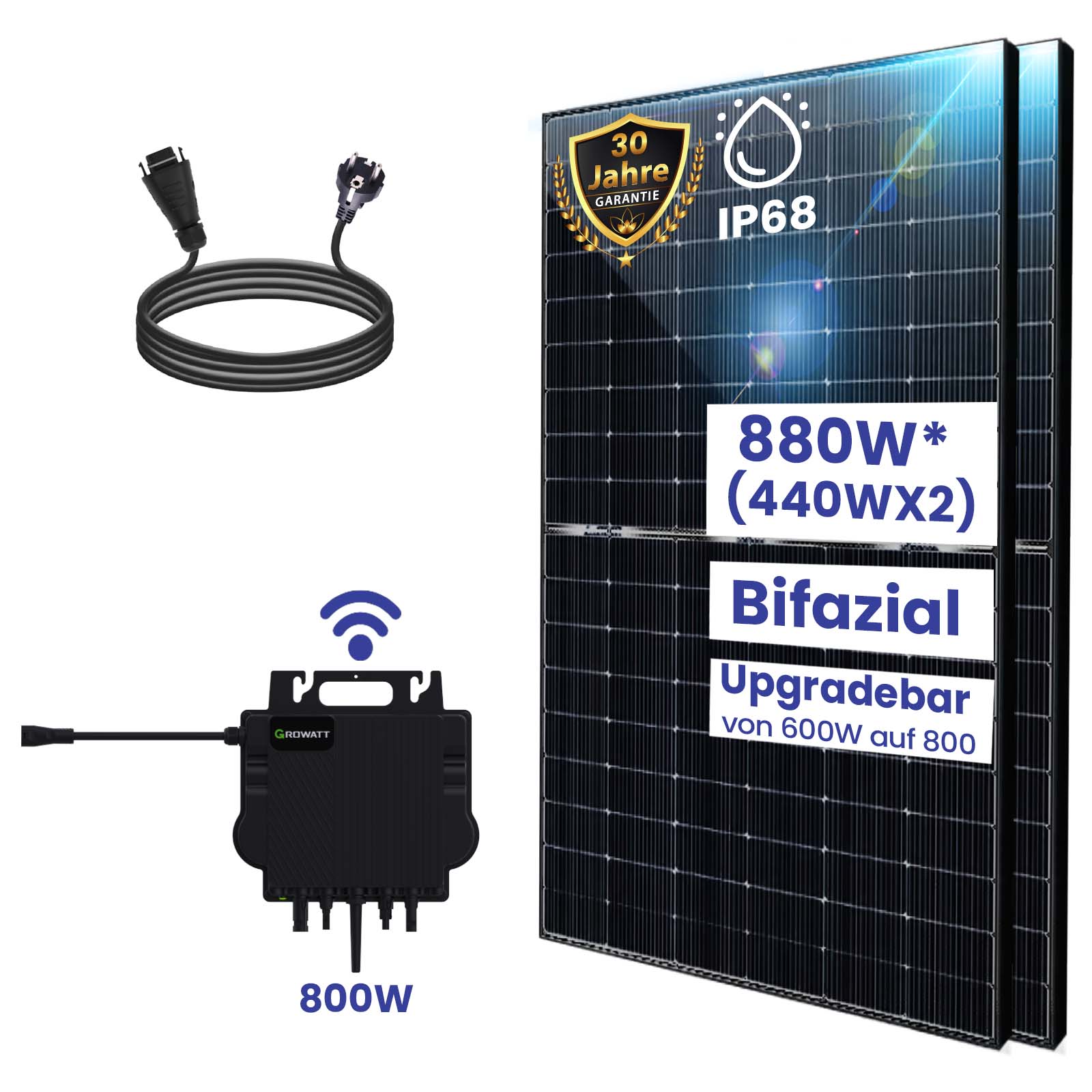 Balkonkraftwerk Komplettset 880W Bifazial | Growatt NEO Wechselrichter 800W | Photovoltaik Solaranlage mit 5m Schukostecker Balkonkraftwerk Komplettset 880W Bifazial | Growatt NEO Wechselrichter 800W | Photovoltaik Solaranlage mit 5m Schukostecker von Terralumen GmbH