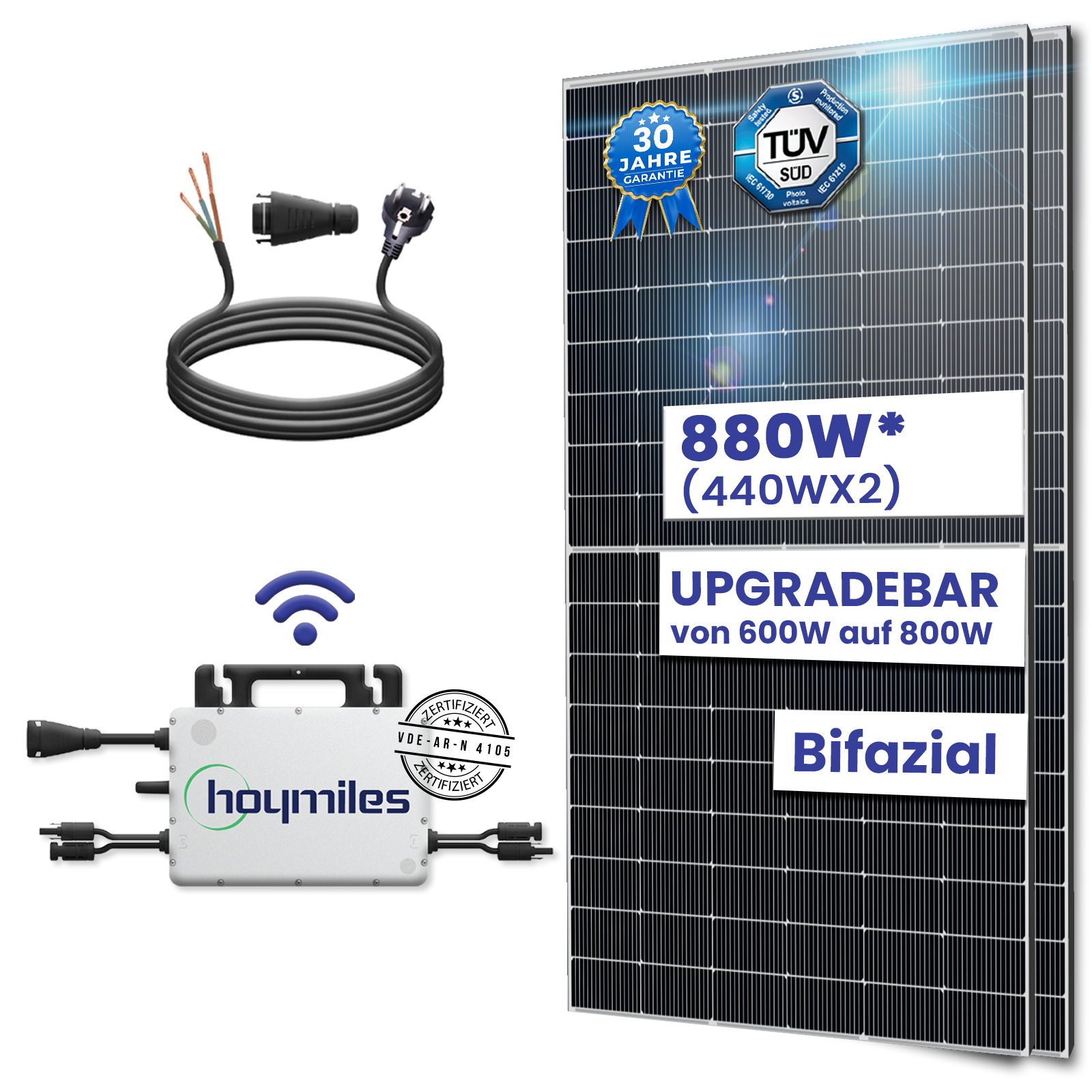 Balkonkraftwerk Komplettset 880W Bifazial | Hoymiles Wechselrichter 800W | Photovoltaik Solaranlage mit 3m Schukostecker Balkonkraftwerk Komplettset 880W Bifazial | Hoymiles Wechselrichter 800W | Photovoltaik Solaranlage mit 3m Schukostecker von Terralumen GmbH