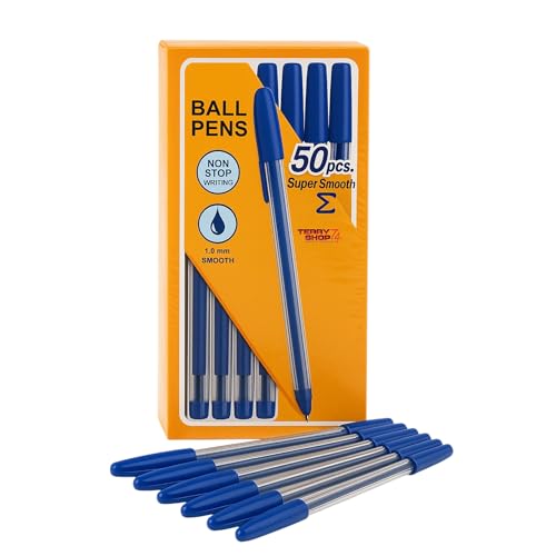 Terryshop74 Kugelschreiber 1,0 mm 50 Stück mit Kappe | Schwarz Blau Rot | fließendes Schreiben | Kugelschreiber für Büro Schule Zuhause (Blau) von Terryshop74