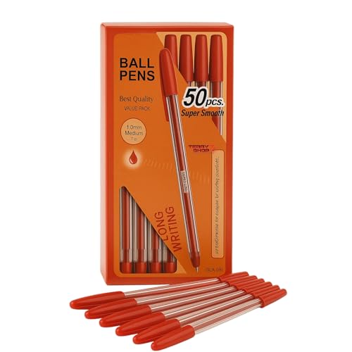 Terryshop74 Kugelschreiber 1,0 mm 50 Stück mit Kappe | Schwarz Blau Rot | fließendes Schreiben | Kugelschreiber für Büro Schule Zuhause (rot) von Terryshop74