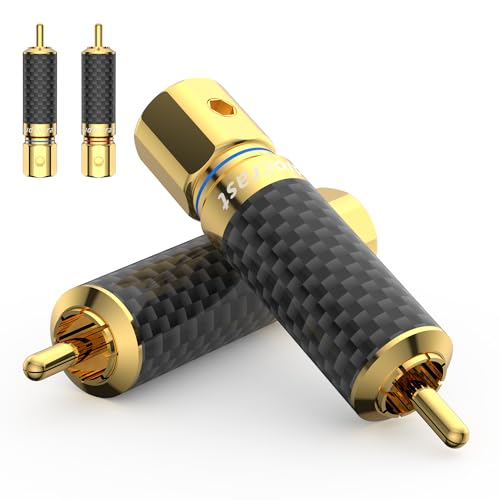 Tertullus 4 Stück High End Cinch Stecker Schraubbar Ohne Löten,Cinchstecker mit Vergoldete und Carbon RCA Phono Stecker Cinch RCA stecker Männlich Bis 10,0 mm Kabel von Tertullus