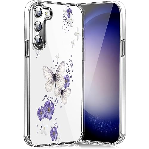 HandyHülle für Samsung Galaxy S23 Hülle Soft Silikon TPU Blumen Galaxy S23 Hülle Schutzhülle Dünne Weiche Schmetterlings Muster Transparent Clear hülle für Samsung S23 5G Case Cover (A) von Teryei