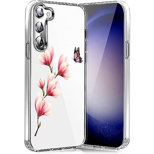 HandyHülle für Samsung Galaxy S23 Hülle Soft Silikon TPU Blumen Galaxy S23 Hülle Schutzhülle Dünne Weiche Schmetterlings Muster Transparent Clear hülle für Samsung S23 5G Case Cover (C) von Teryei