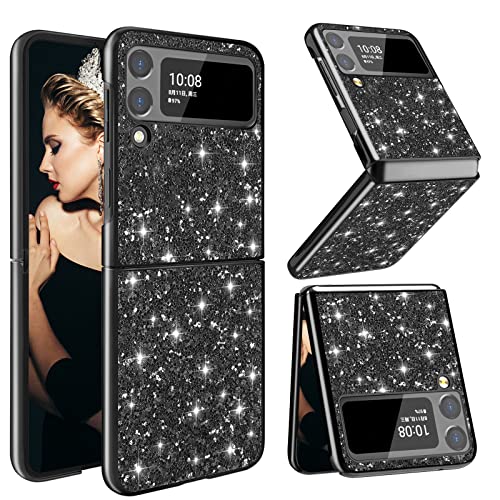 Kompatibel mit Samsung Galaxy Z Flip 3 Hülle Glitzer Silikon Sparkle Galaxy Z Flip 3 Handyhülle Weiche TPU Bumper Hart PC Handytasche Case Schutzhülle für Samsung Z Flip 3 Handy (Black1) von Teryei