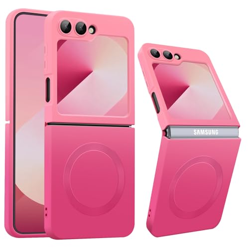 Magnetische Samsung Galaxy Z Flip 6 Hülle [Kompatibel mit Mag-Safe], Galaxy Z Flip 6 Eingebaute Kamera schutzfolie, Farbverlauf Weiches Flüssig silikon Stoßfest Matt Z Flip 6 Handyhülle (Rosa Rose) von Teryei