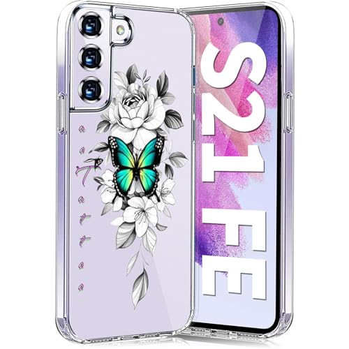Teryei Handyhülle für Samsung Galaxy S21 FE 5G - Soft Silikon TPU Blumen Schutzhülle, Dünne Weiche Schmetterlings Muster Transparent Clear Hülle (B) von Teryei