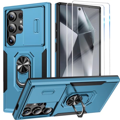 Teryei Handyhülle für Samsung Galaxy S24 Ultra Hülle [2 Glasfolie Schutzfolie], Militär Standard Kameraschutz Handy Hüllen Ständer Schutzhülle Outdoor Kratzfest Cover S24 Ultra Stoßfest Case (Blau) von Teryei