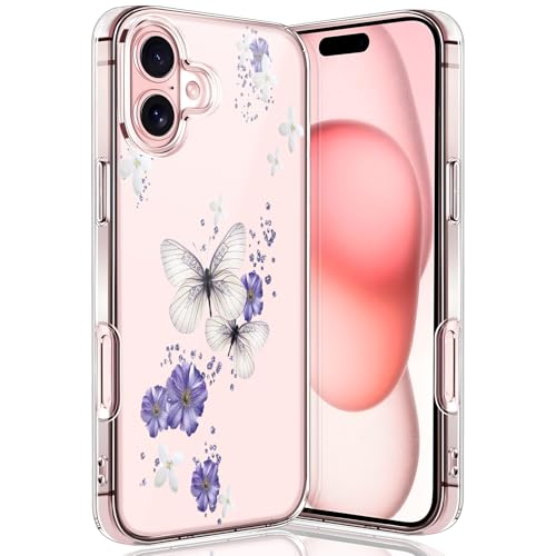 Teryei Hülle für iPhone 16: Schutzhülle aus Silikon mit Blumen und Schmetterlingen, kabelloses Laden, stoßfest und Anti-Fingerabdruck, durchsichtig von Teryei