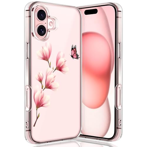 Teryei Hülle für iPhone 16 HandyHülle Soft Silikon TPU Blumen für iPhone 16 Hülle Dünn Schutzhülle Weiche Schmetterlings Muster Transparent Clear Cover Slim für iPhone 16 Case (D) von Teryei