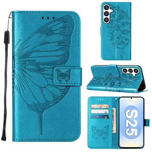 Teryei Wallet Case für Samsung Galaxy S24, Frauen Flip Folio PU Leder Schutzhülle Handgelenk Strap Card Slots Holder Purse Emboss Butterfly Flower Stand Flip Case für Samsung Galaxy S24 (Blau) von Teryei