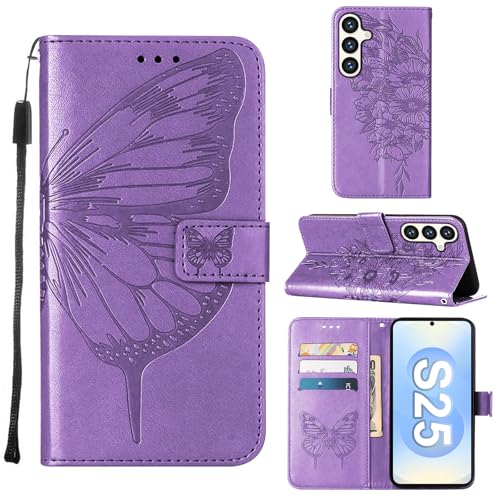 Teryei Wallet Case für Samsung Galaxy S24, Frauen Flip Folio PU Leder Schutzhülle Handgelenk Strap Card Slots Holder Purse Emboss Butterfly Flower Stand Flip Case für Samsung Galaxy S24 (Lila) von Teryei