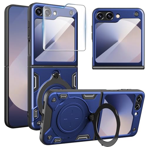 Teryei handyhülle für Samsung Galaxy Z Flip 6 Hülle mit Magnet Ring Ständer, Z Flip 6 Magnet hülle mit schutzfolie, 360 Grad stoßfeste handyhülle für Samsung Galaxy Z Flip 6 (Blau) von Teryei