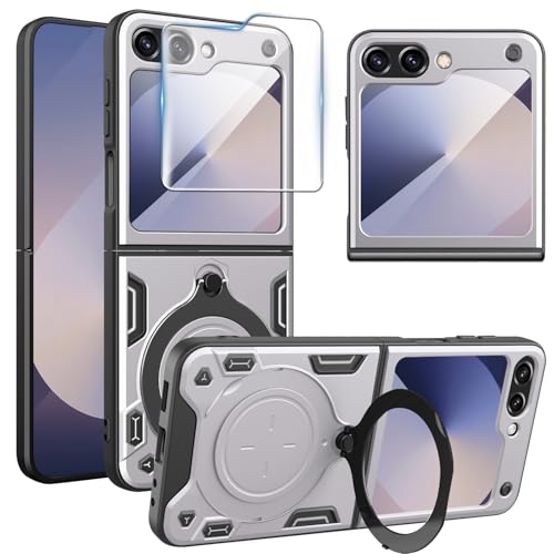 Teryei handyhülle für Samsung Galaxy Z Flip 6 Hülle mit Magnet Ring Ständer, Z Flip 6 Magnet hülle mit schutzfolie, 360 Grad stoßfeste handyhülle für Samsung Galaxy Z Flip 6 (Silber) von Teryei