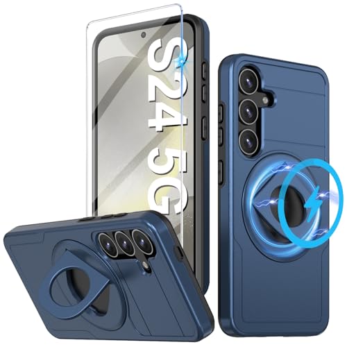 für Samsung Galaxy S24 Hülle mit Displayschutzfolie (1 Pack), S24 Hülle mit 360 Magnetisch Ring Ständer, stoßfeste Schutzhülle in Militärqualität für Samsung Galaxy S24 5G 6.2“ (Blau) von Teryei