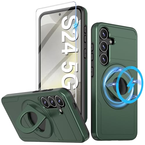 für Samsung Galaxy S24 Hülle mit Displayschutzfolie (1 Pack), S24 Hülle mit 360 Magnetisch Ring Ständer, stoßfeste Schutzhülle in Militärqualität für Samsung Galaxy S24 5G 6.2“ (Grün) von Teryei