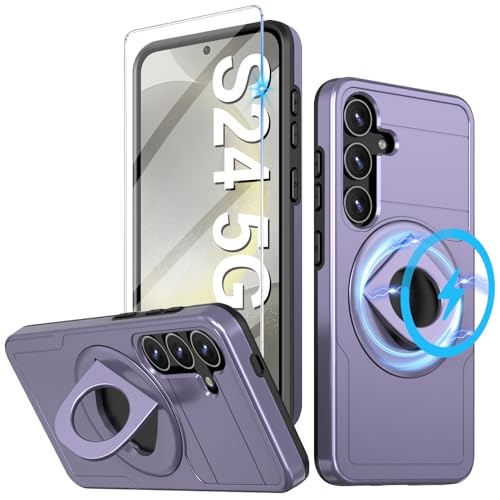 für Samsung Galaxy S24 Hülle mit Displayschutzfolie (1 Pack), S24 Hülle mit 360 Magnetisch Ring Ständer, stoßfeste Schutzhülle in Militärqualität für Samsung Galaxy S24 5G 6.2“ (Lila) von Teryei