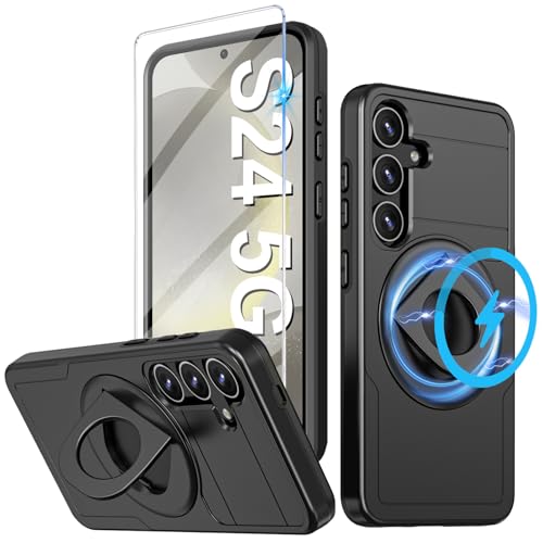 für Samsung Galaxy S24 Hülle mit Displayschutzfolie (1 Pack), S24 Hülle mit 360 Magnetisch Ring Ständer, stoßfeste Schutzhülle in Militärqualität für Samsung Galaxy S24 5G 6.2“ (Schwarz) von Teryei