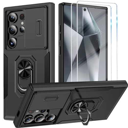 Teryei Handyhülle für Samsung Galaxy S24 Ultra Hülle [2 Glasfolie Schutzfolie], Militär Standard Kameraschutz Handy Hüllen Ständer Schutzhülle Outdoor Kratzfest Cover S24 Ultra Stoßfest Case (Schwarz) von Teryei